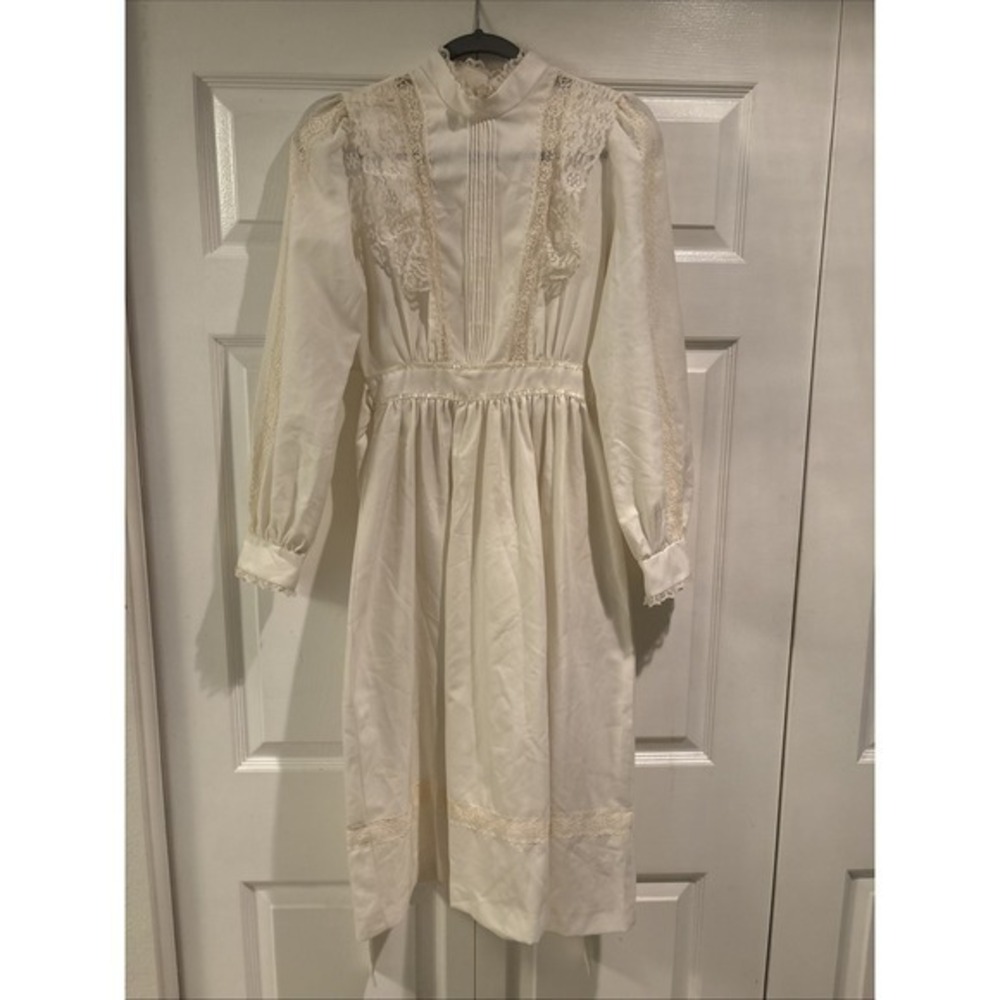 VTG 70s Candi Jones California Prairie Dress Lace High Neck Size S